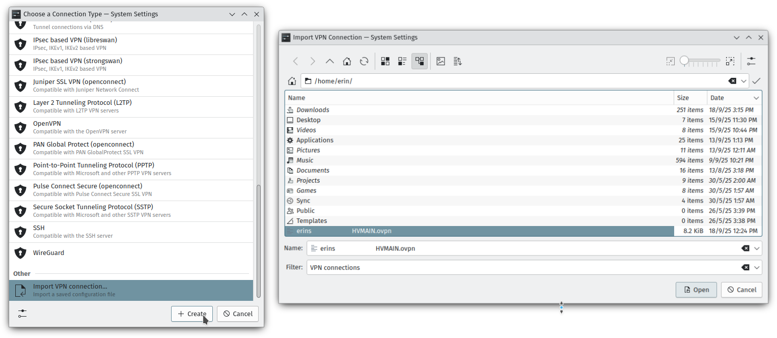 A screenshot of the list of connection types alongside a file picker showing the selected VPN profile.