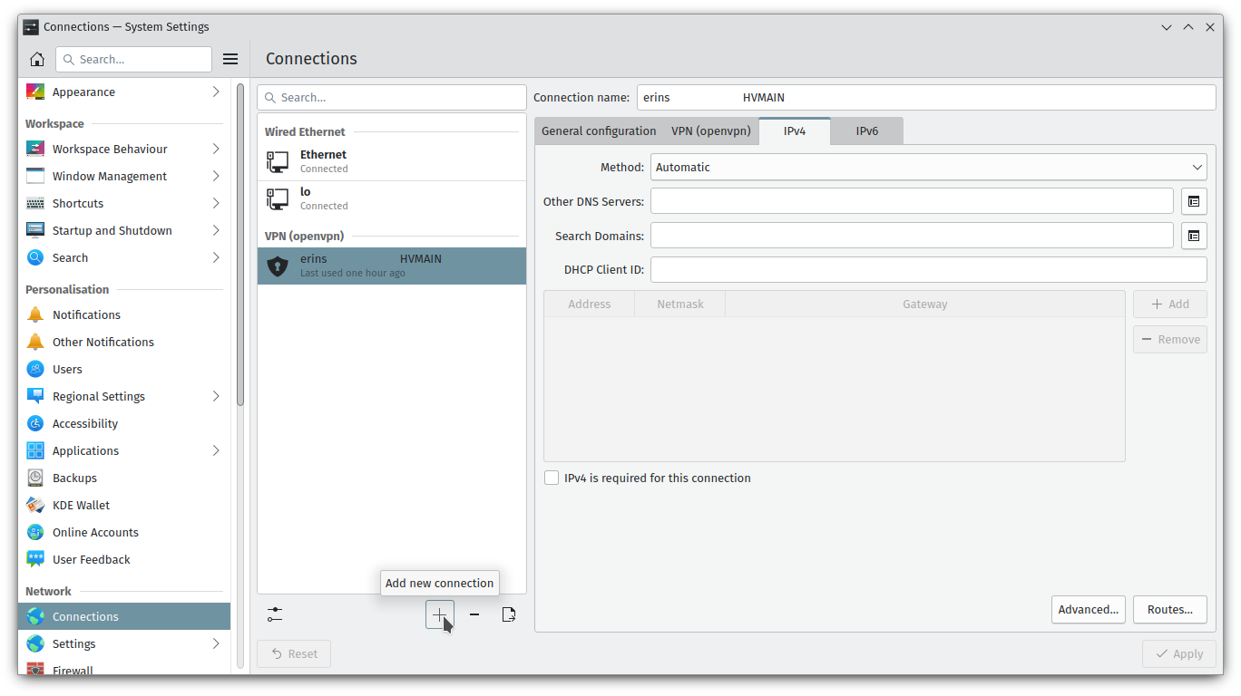 A screenshot of the KDE system settings network connections page.