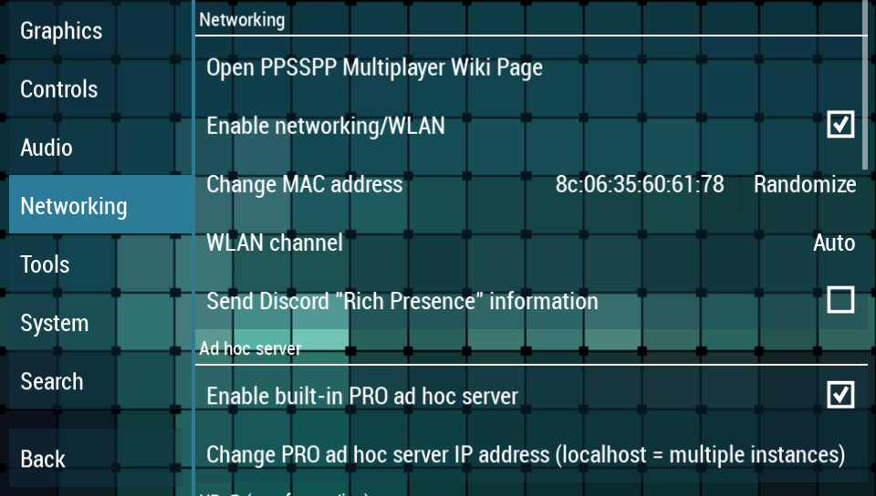 A screenshot of the "Networking" and "Ad hoc server" subheadings on the PPSSPP networking settings page.