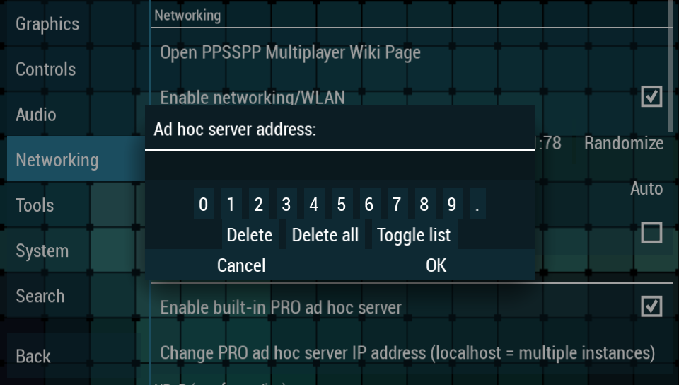 A screenshot of the "Ad hoc server address" modal on the PPSSPP networking settings page.