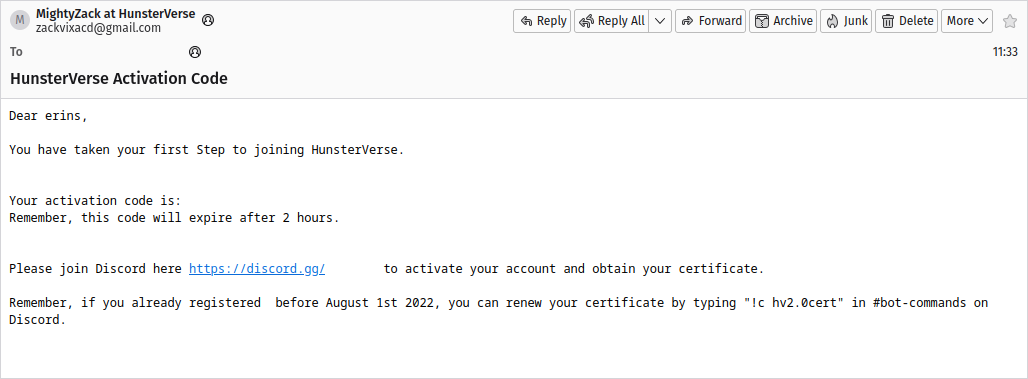 A screenshot of the confirmation email you receive upon signing up.